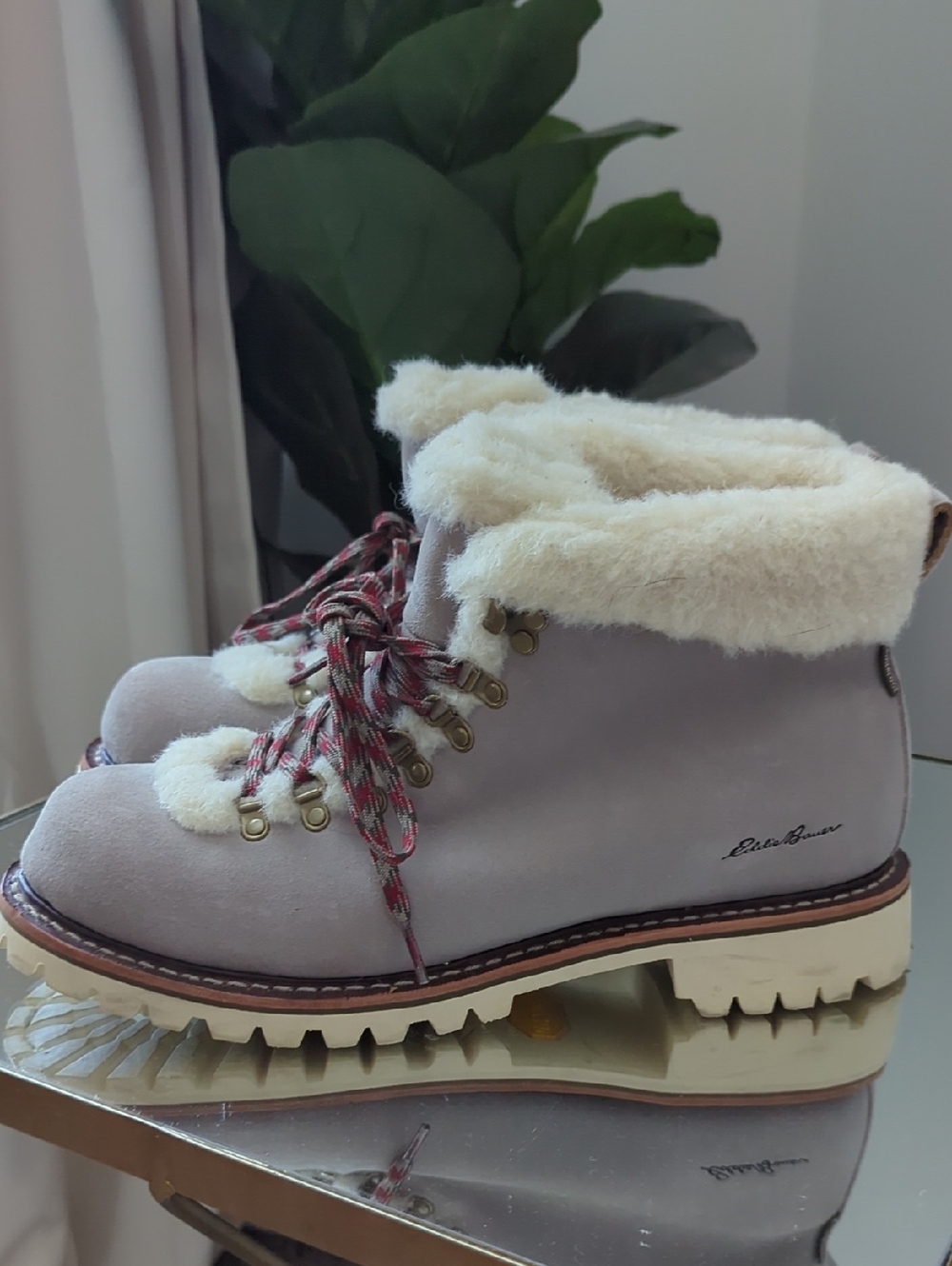 Eddie Bauer Light Gray Suede Lace-Up Shearling Boots
